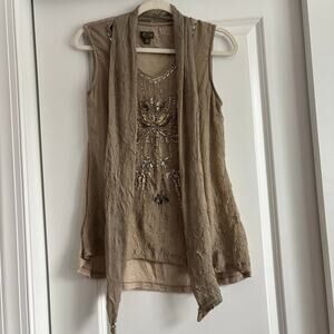 Fei Anthropologie Sheer Sequin Tie Top Sz M Taupe Boho Fairy Whimsigoth 90s Y2K